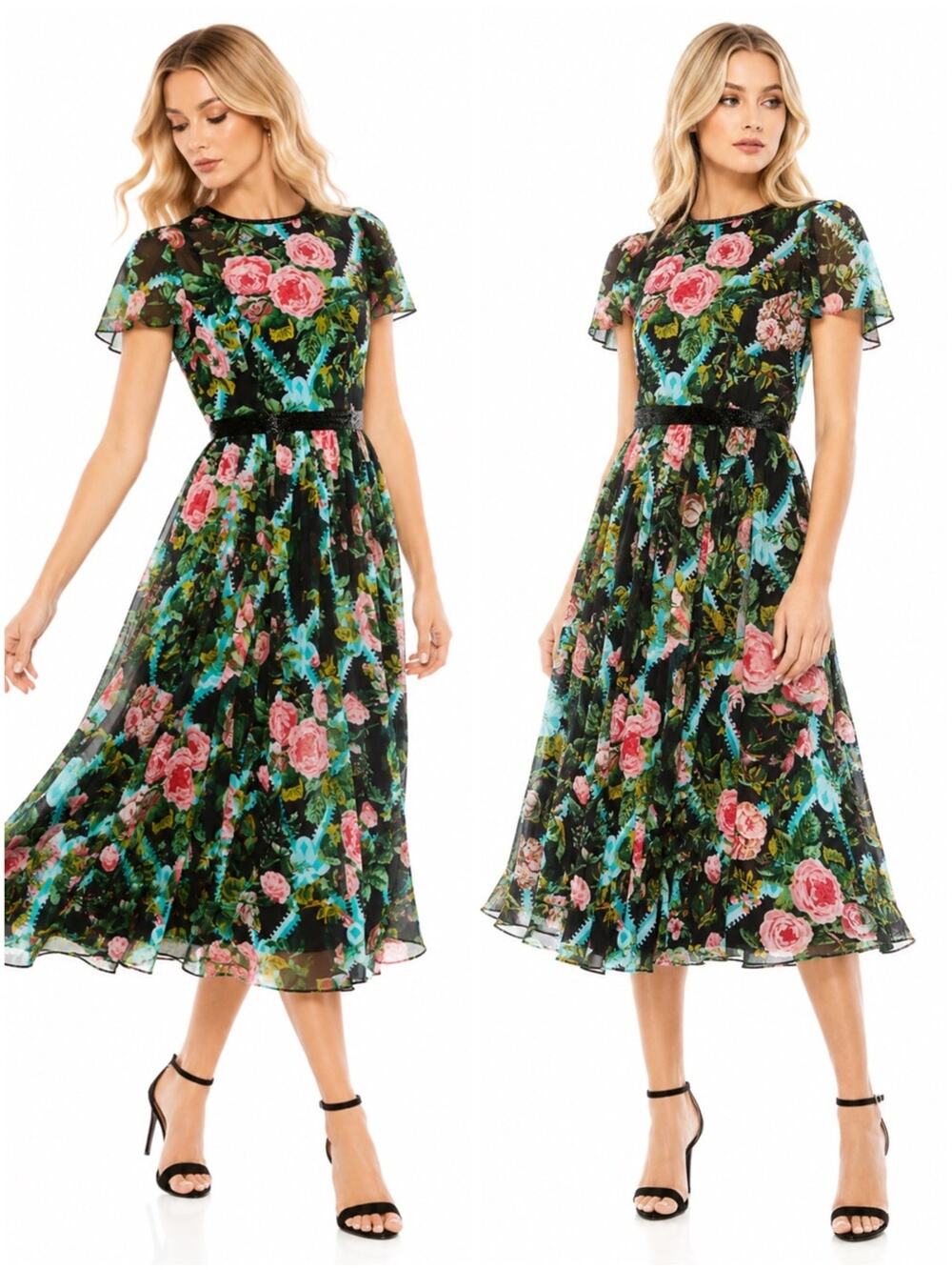 Mac Duggal Floral Illusion Cap Sleeve Midi Dress Black Multi Sheer NWT Size 4